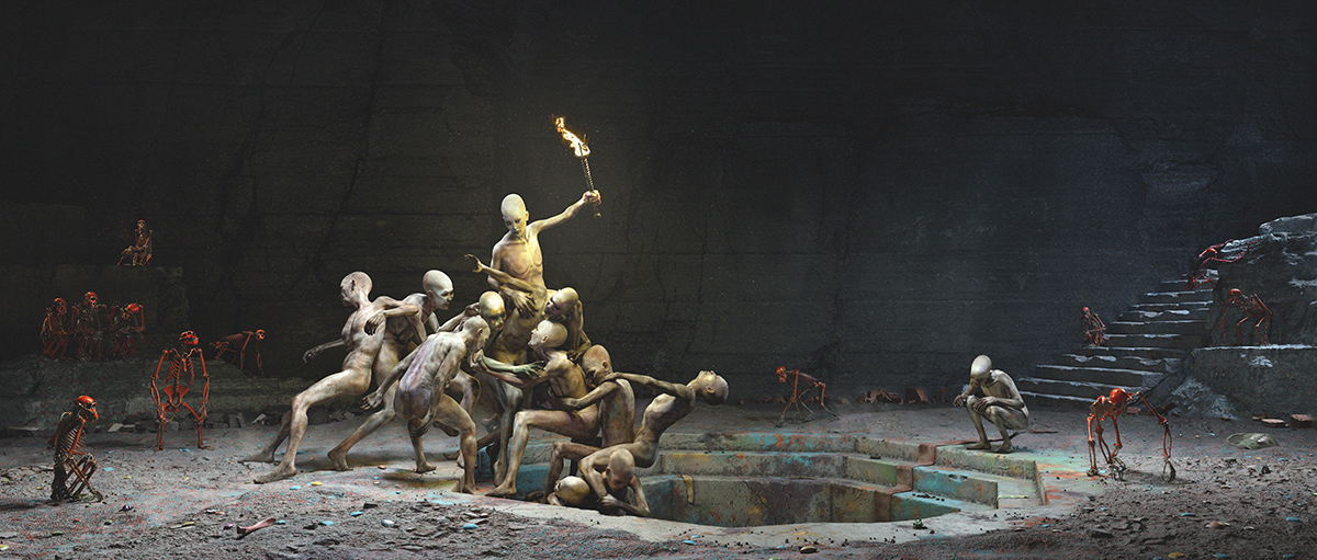 3D fine art rendering of apes and humans wrestling around a dark hole - Tobias Tarland