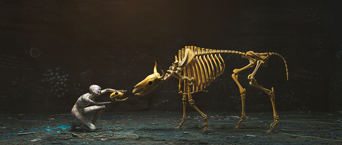 3D fine art rendering with an human engaging a skeletal cow with a baby skull - Tobias Tarland