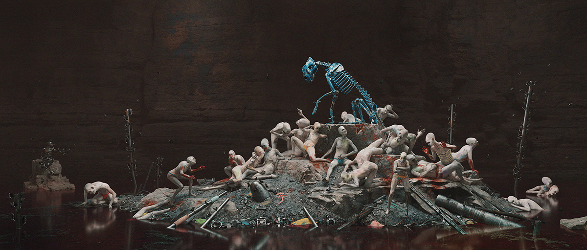 3D fine art rendering of a cannibalistic love ceremony with a blue lion skeleton - Tobias Tarland