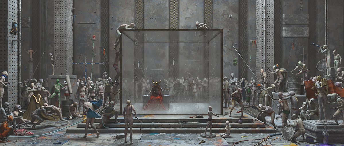 3D fine art rendering of glass box with king in a surreal scene of power and domination - Tobias Tarland