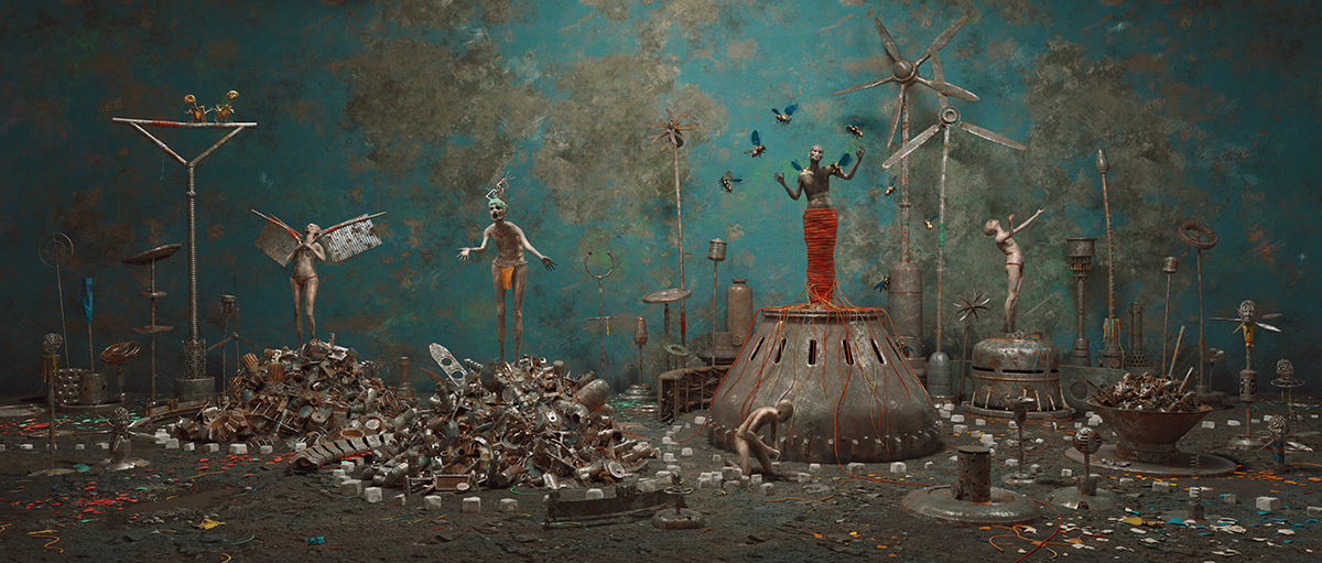 3D fine art rendering of arranged trash with figurative surreal humans - Tobias Tarland