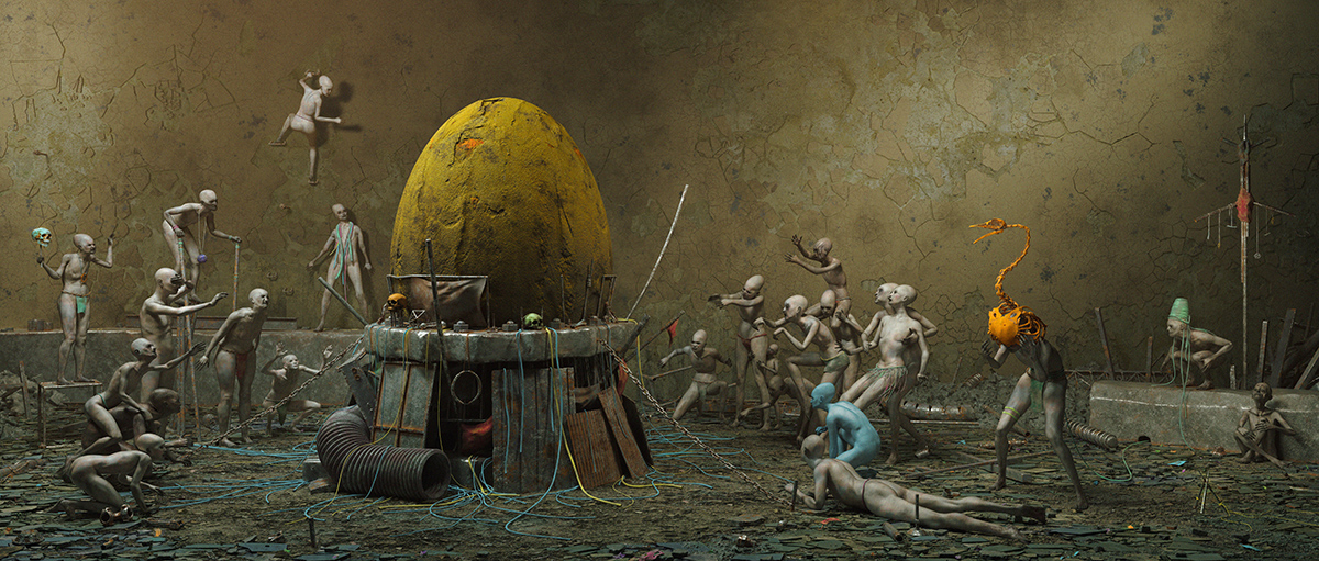 3D fine art rendering of a big yellow egg and an enigmatic ritual - Tobias Tarland