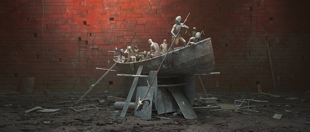 3D fine art rendering of an surreal urban boat with figurative scene - Tobias Tarland