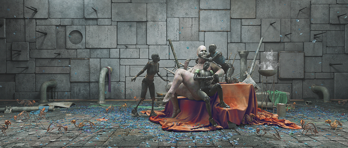 3D fine art rendering of an humanoid person with mechanical surreal lovers - Tobias Tarland