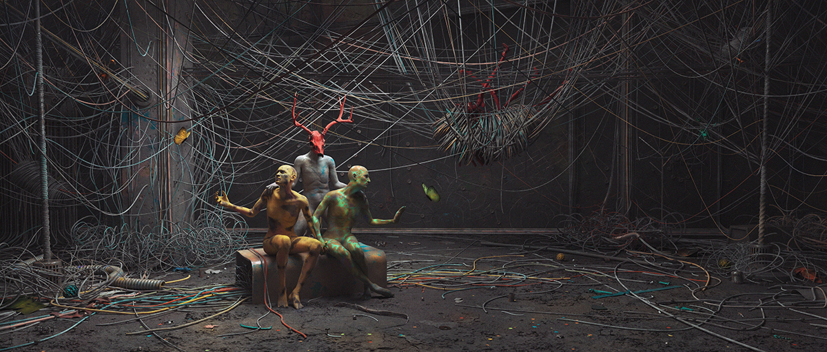 3D fine art rendering with cables and butterfly hybrid humans, Camille and Donna Haraway - Tobias Tarland