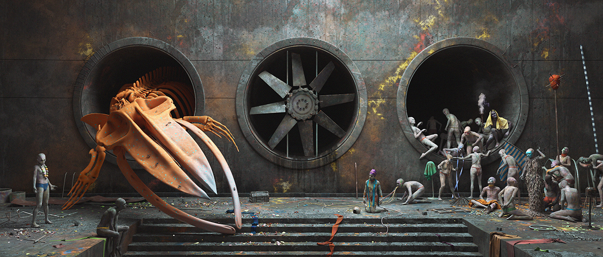 3D fine art rendering of a big skeletal whale and surreal people in ritualistic setup - Tobias Tarland