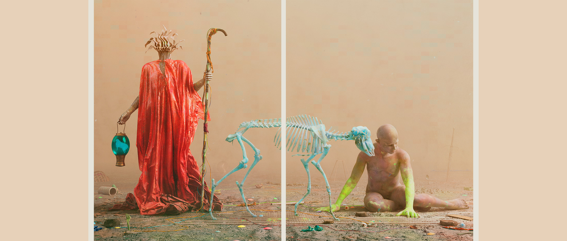Figurative fine art 3D rendering of skeletal lamb and mechanical shepherd in desert - Tobias Tarland