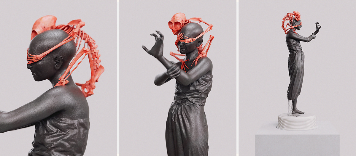 3D rendering of a figure with a red skeletal ape raising a hand, sculpture - Tobias Tarland
