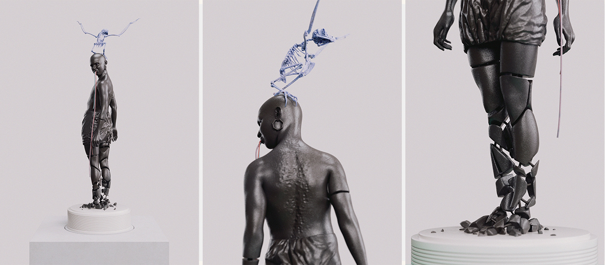 3D rendering of a crumbling figure with a floating owl skeleton crown and cables from the mouth, sculpture - Tobias Tarland