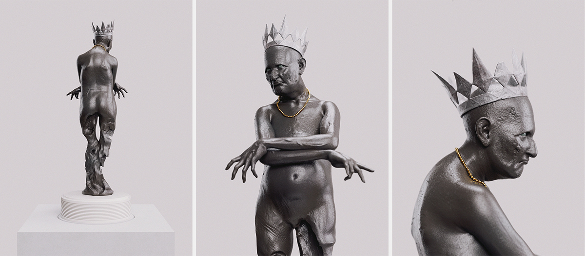 3D rendering of a crumbling figure wearing a crown and gold chain, sculpture - Tobias Tarland