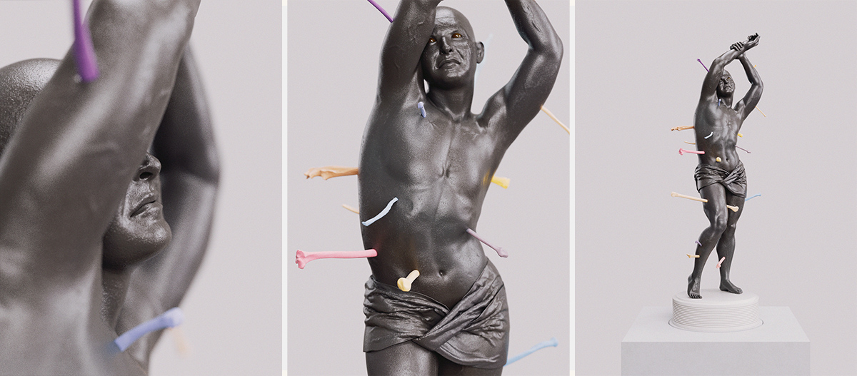 3D rendering of a figure with colorful bones piercing through flesh, martyr-like pose, sculpture - Tobias Tarland
