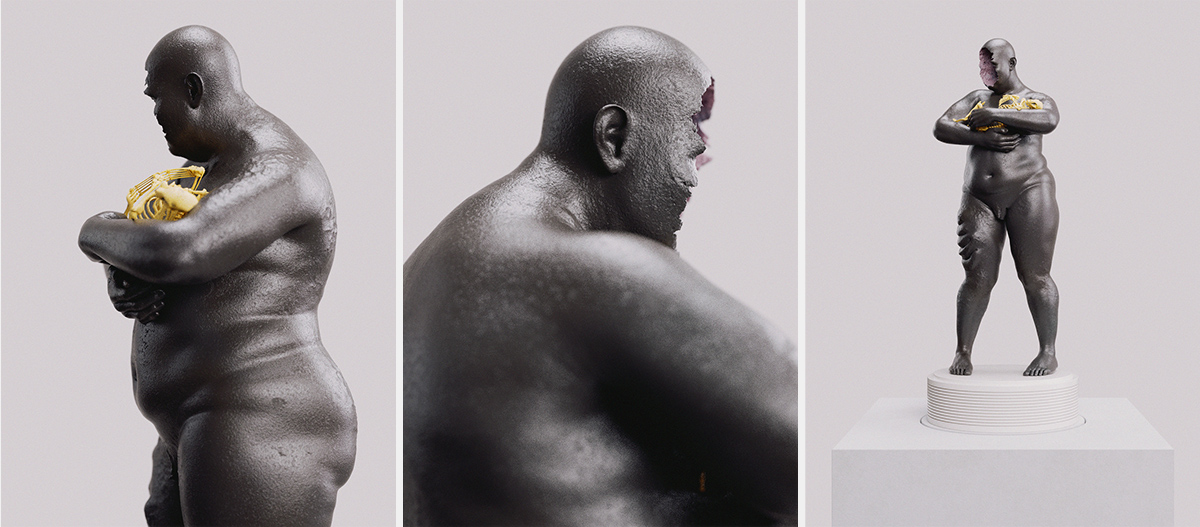 3D rendering of a figure with a hole instead of a face holding a skeletal cat, sculpture - Tobias Tarland