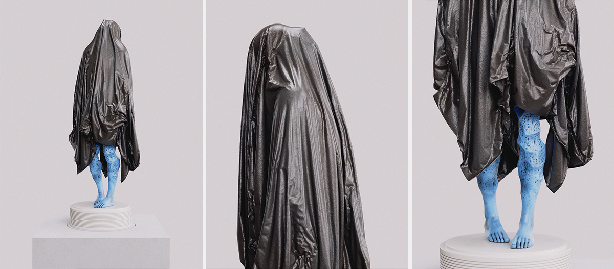 3D rendering of a faceless figure in a heavy black cloak with glowing blue legs, sculpture - Tobias Tarland