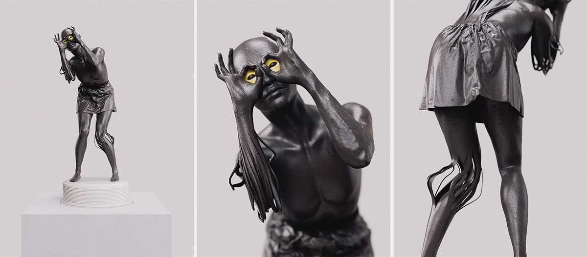 3D rendering of a crouched figure with yellow eyes and long black tentacle-like limbs, sculpture - Tobias Tarland