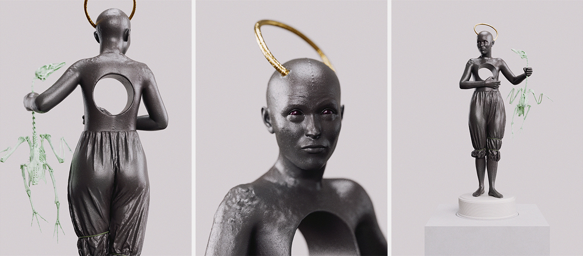 3D rendering of a figure with a crooked golden halo holding a skeletal goose, sculpture - Tobias Tarland