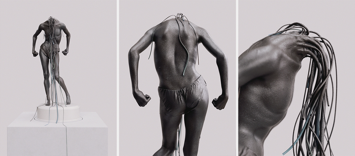 3D rendering of a headless figure with cables spilling from the neck, fists clenched, sculpture - Tobias Tarland