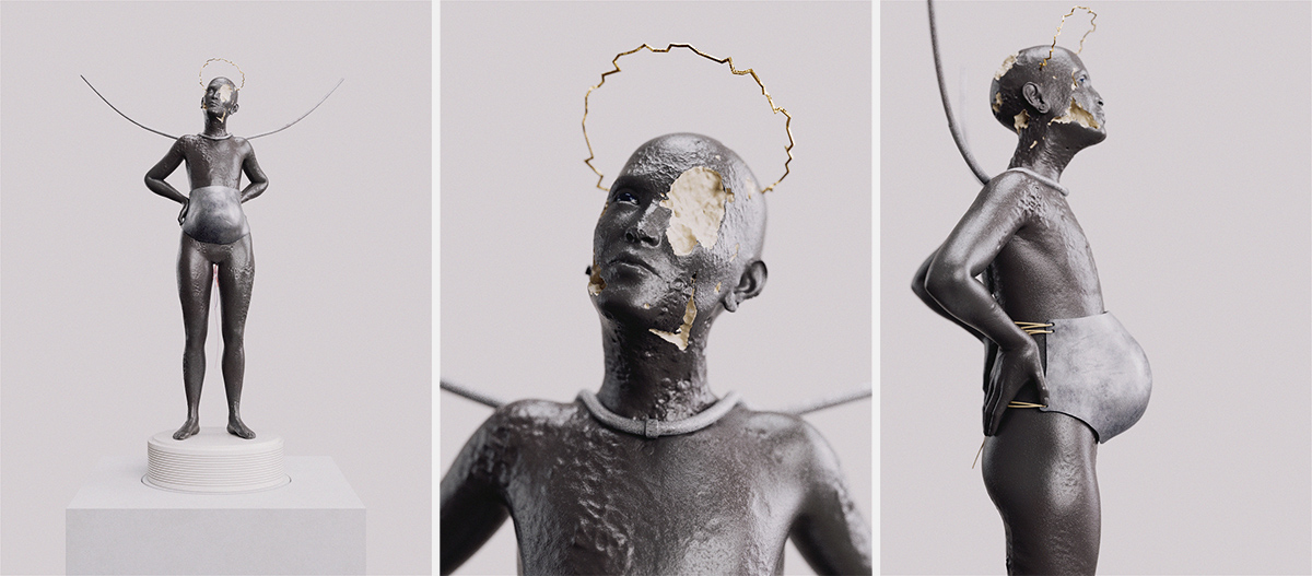 3D rendering of a figure with mechanical halo and angel wings and a strapped-on pregnant belly, sculpture - Tobias Tarland