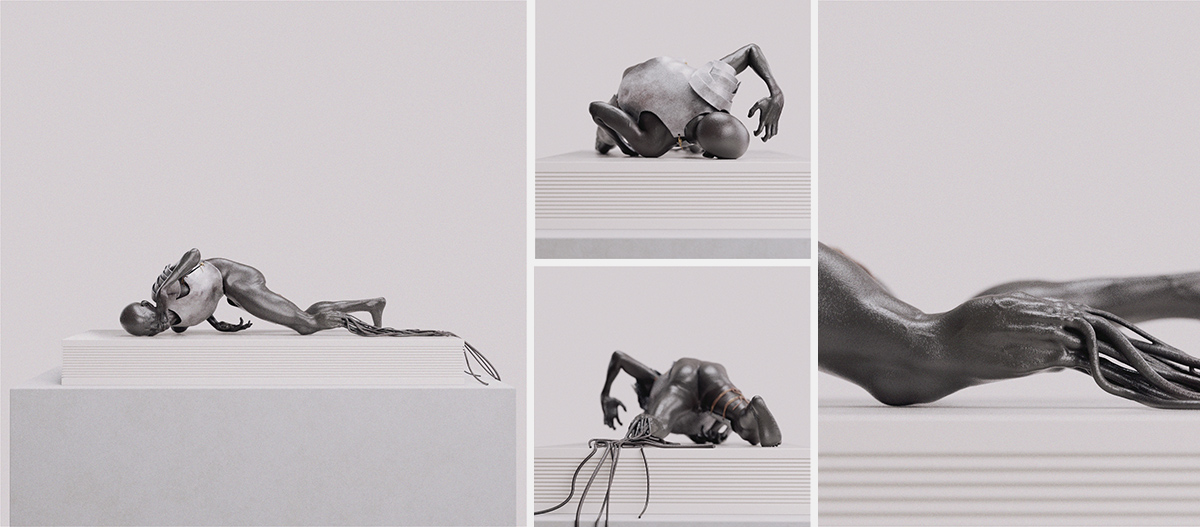 3D rendering of a fallen figure lying on the ground wearing broken armor, sculpture - Tobias Tarland