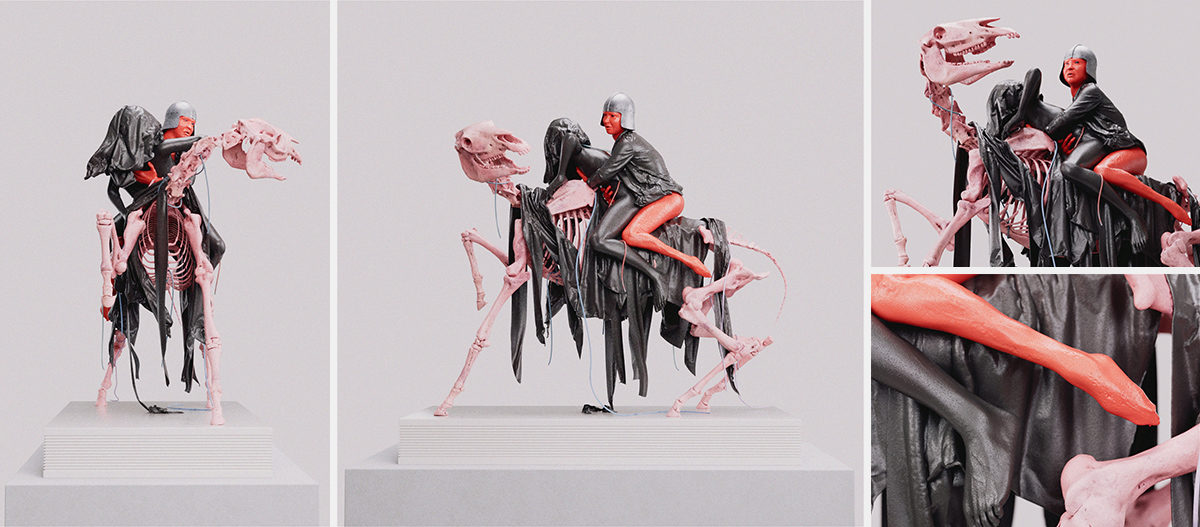 3D rendering of two riders on a pink skeletal horse, bound together by black cloth, sculpture - Tobias Tarland